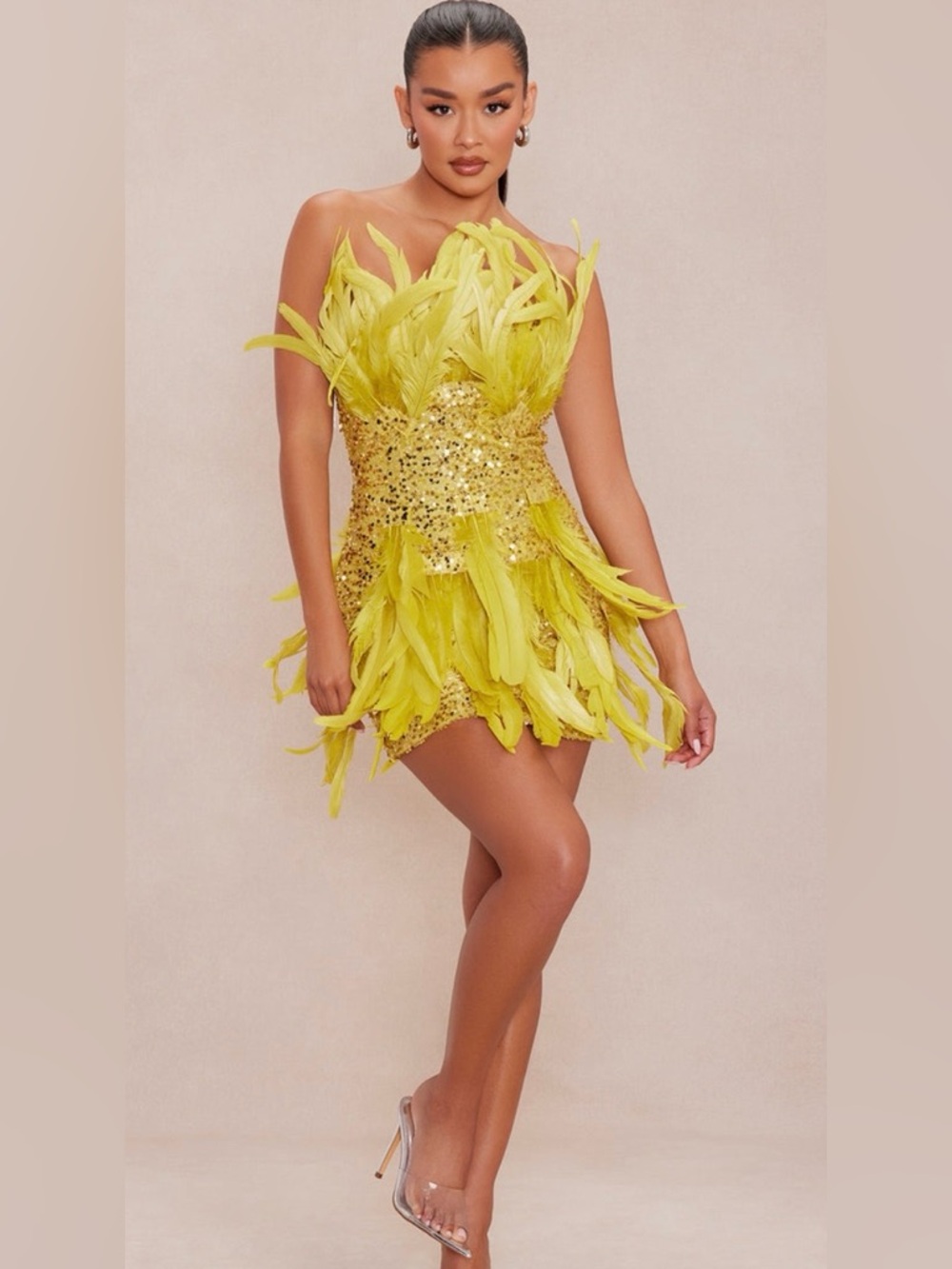 Yellow Sequin Feather Mini Dress